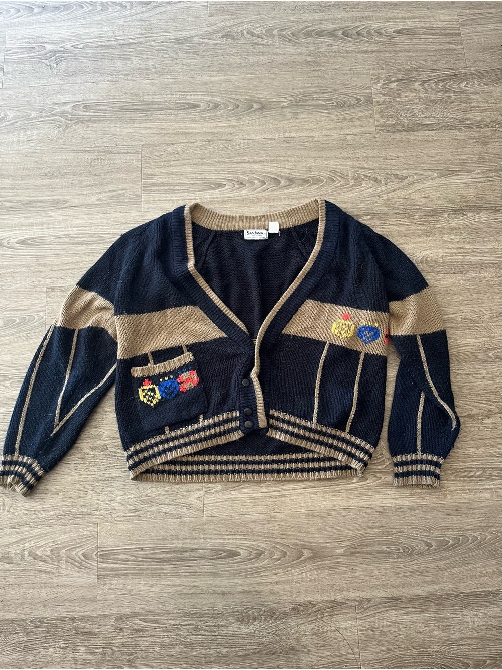 Vintage Santana Acrylic Cardigan Sweater 80s 90s Womens XL Tan Knit Made Korea